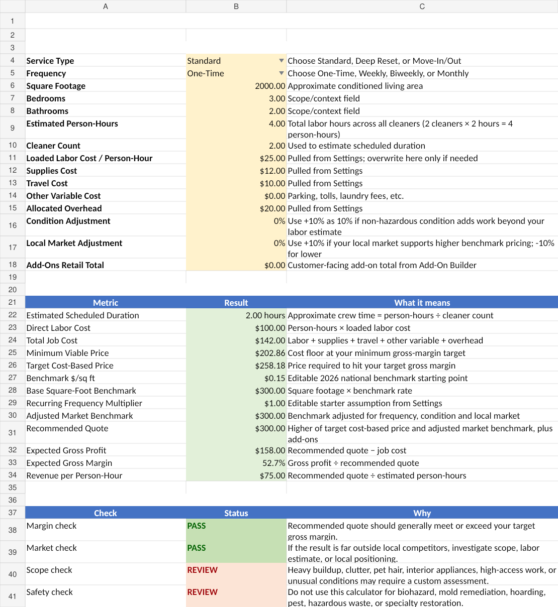 Cleaning Pricing Calculator full preview